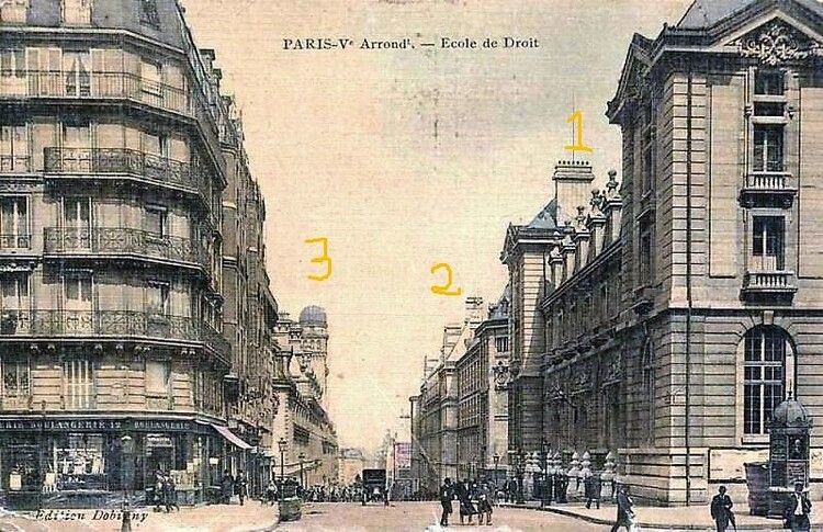 La façade arrière de l’École de Droit (1), le lycée Louis le Grand (2), et la Nouvelle Sorbonne pour les lettres et les sciences (3), rue Saint-Jacques.