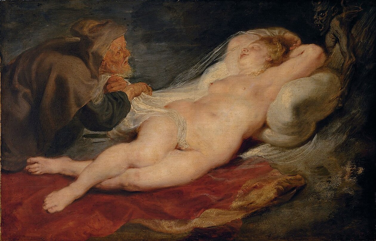 L'ermite et Angélique endormie (1628) / une finesse de réalisation...