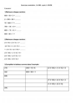 exercices numération de 0 à 999