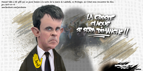 dessin de JERC jeudi 19 janvier 2017 caricature Manuel Valls  Mais la démocratie, ça ne peut pas être la violence : La casse du code du travail c'est pas de la violence ? www.facebook.com/jercdessin