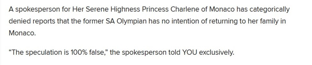 Exclusif :  démentis de la princesse Charlene  par son porte parole
