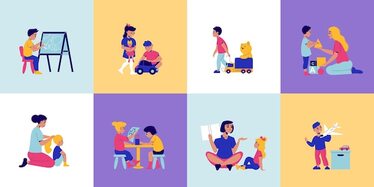 Vecteur gratuit concept de design de maternelle avec un ensemble de compositions carrées avec des personnages d'enfants jouant avec des jouets et une illustration de nounou