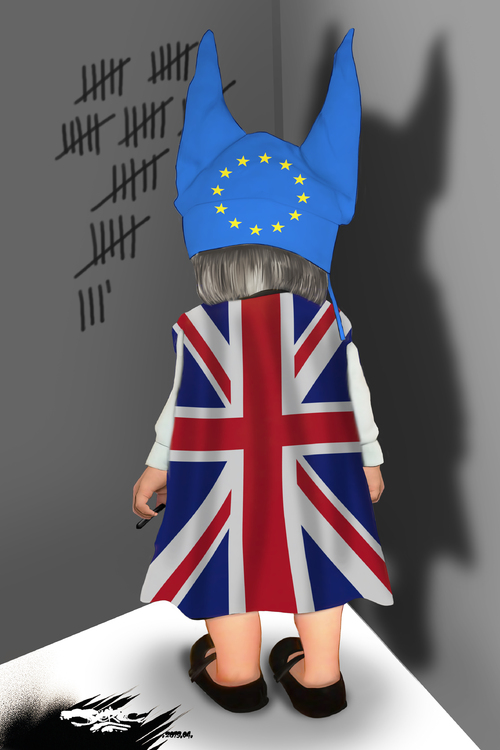 dessin de JERC et texte d'AKAKU du mercredi 17 avril 2019 caricature Brexit  y a pas de May www.facebook.com/jercdessin