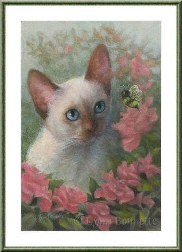 Lynn Bonnette -  " Siamese Cat in Rose Garden & Bumble Bee "