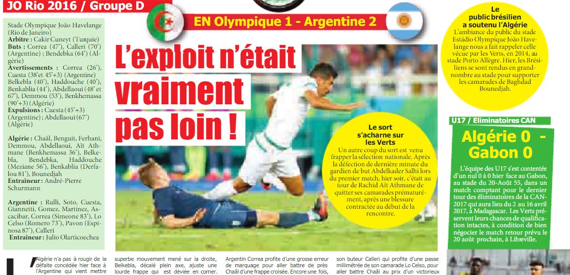 Dimanche  à Rio Jeux Olympiques Argentine-EN - Eliminé