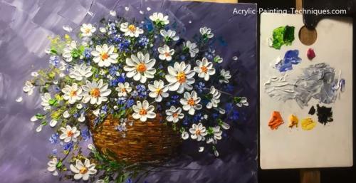 Dessin et peinture - vidéo 2306 : Un panier de fleurs sauvages à la peinture acrylique et au couteau.