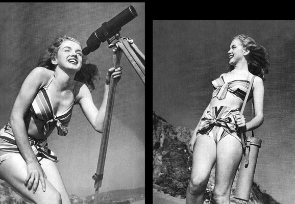 Norma Jeane en bikini rayé en 1946 sur une plage en Californie