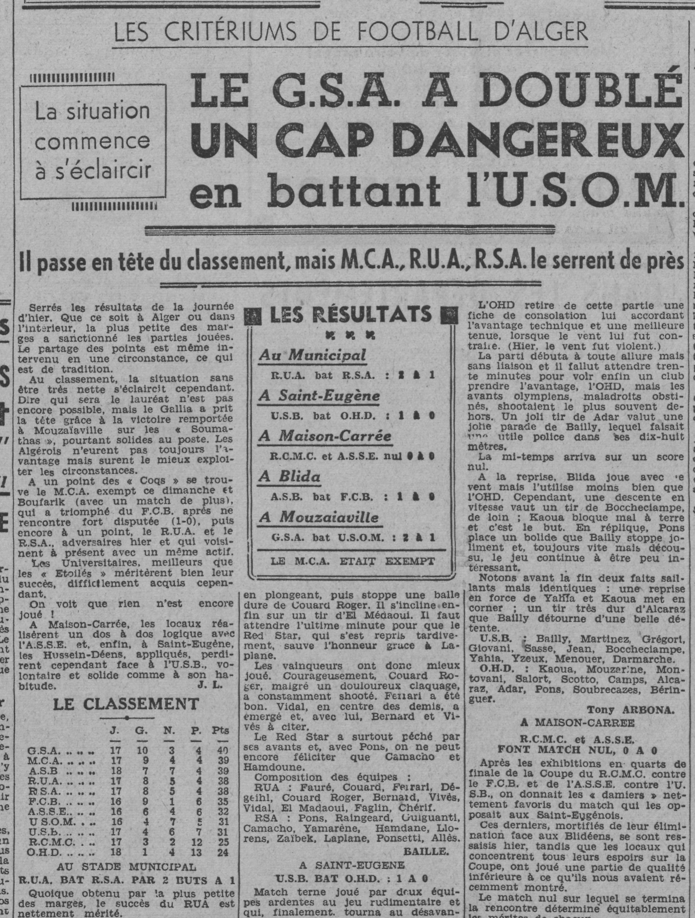 Dimanche 6.4.1941 le MCA étant exempt