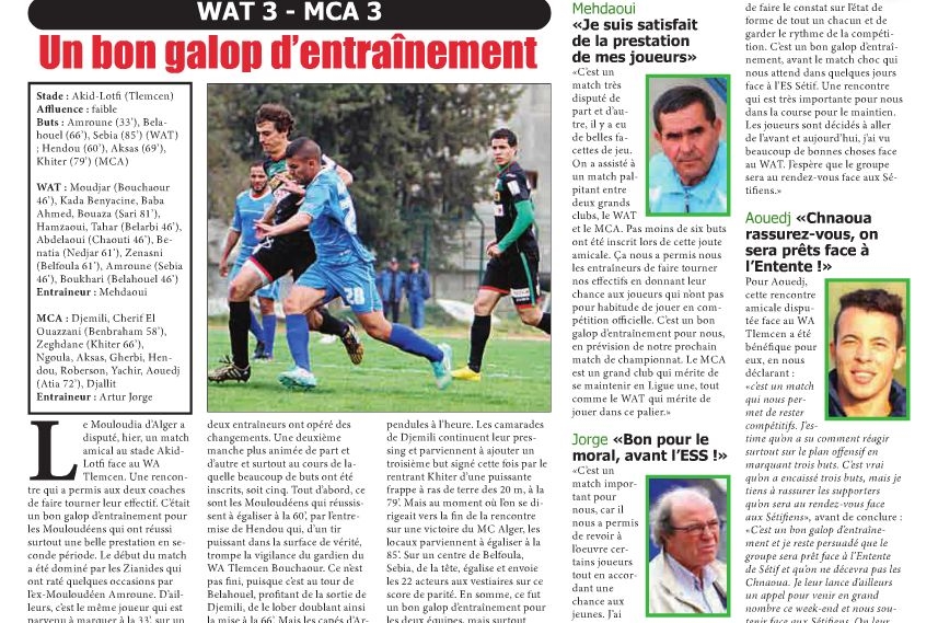 Dimanche 15.3.2015 Amical à Tlemcen WAT-MCA 3-3