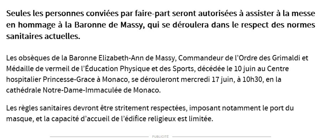 Information sur les funérailles de la baronne de Massy
