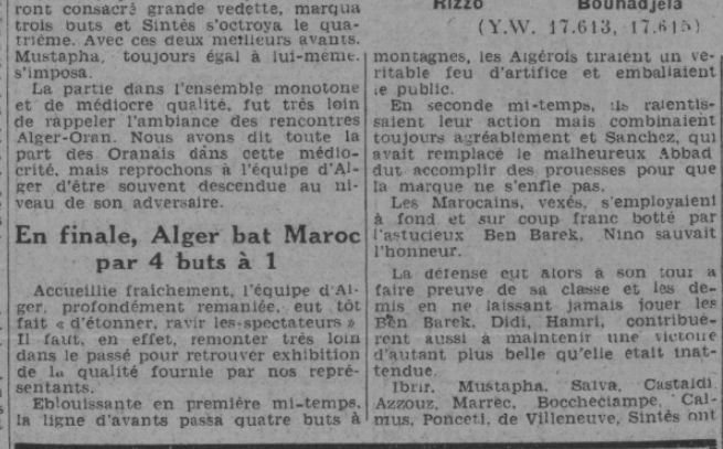 D 5.4.1942 Tournoi amical Finale  Alger-Maroc 4-1 avec Kerrarsi et ibrir