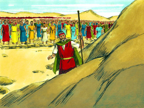 Les dirigeants ont suivi Moïse jusqu'au rocher d'Horeb et l'ont vu frapper avec son bâton.  - Diapo 30