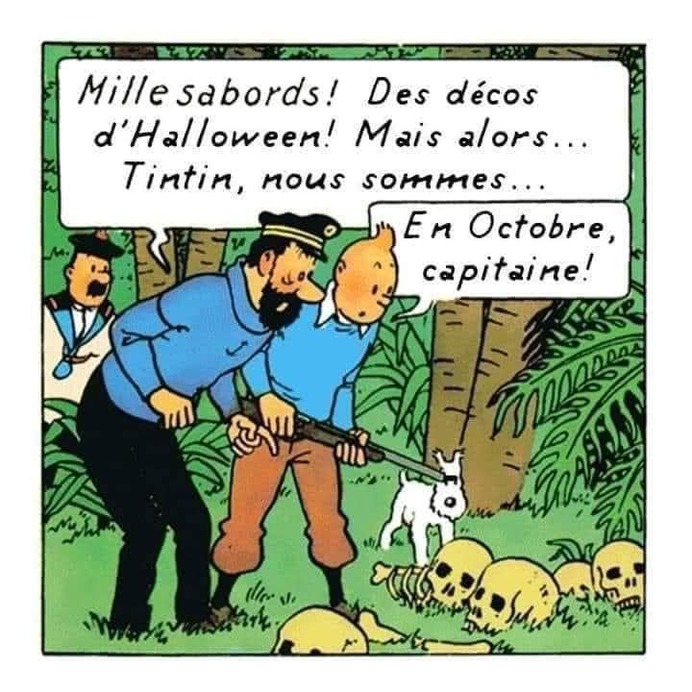 Peut être une image de texte qui dit ’R-Z Millesabos! Mille Des décos d'Halloween! Mais alors... Tintin, nous sommes... En Octobre, capitaine!’