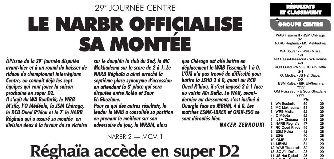 Mounir Dob accède en super D2 avec le NARB Réghaia