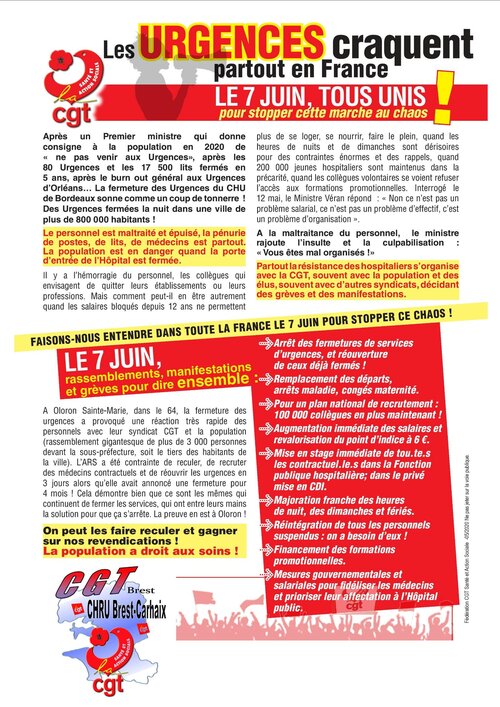 Les Urgences en France au bord de l'explosion...Mobilisation le 7 juin au CHRU Brest-Carhaix. ( Fb.com - 03/06/22 )