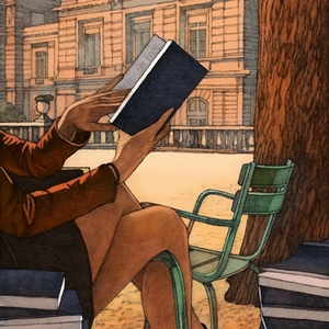 Miles Hyman - Reading in the Luxembourg Gardens, 2014.