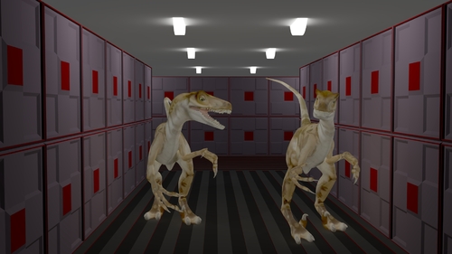 Deux vélociraptors dans un corridor
