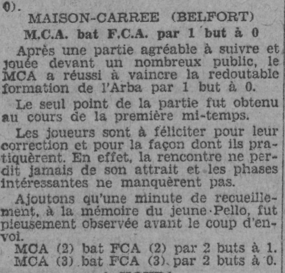 Dimanche 16.11.1930 à Belfort MCA-FC Arbâa 1-0
