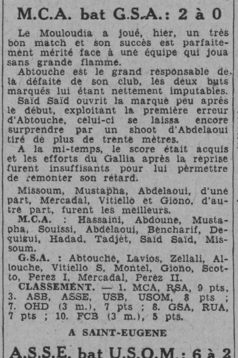 Dim 12.12.1943 à St Eugéne MCA-GSA 2-0