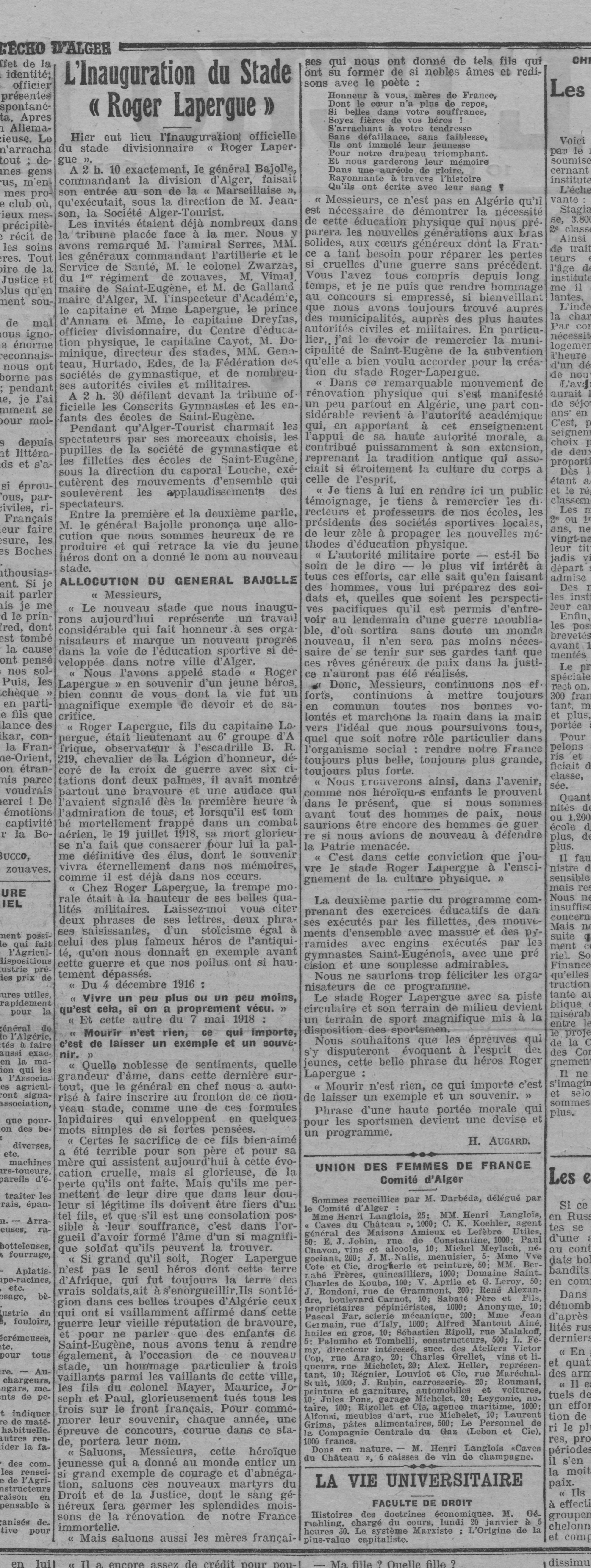 Dimanche 19 janvier 1919 inauguration du stade de St Eugène 