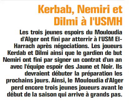Nemiri; Kebab et Dilmi signent à l'USMH équipe réserve