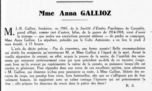 Nécrologie Anna Gallioz de Grenoble (Revue spirite, janvier 1950)
