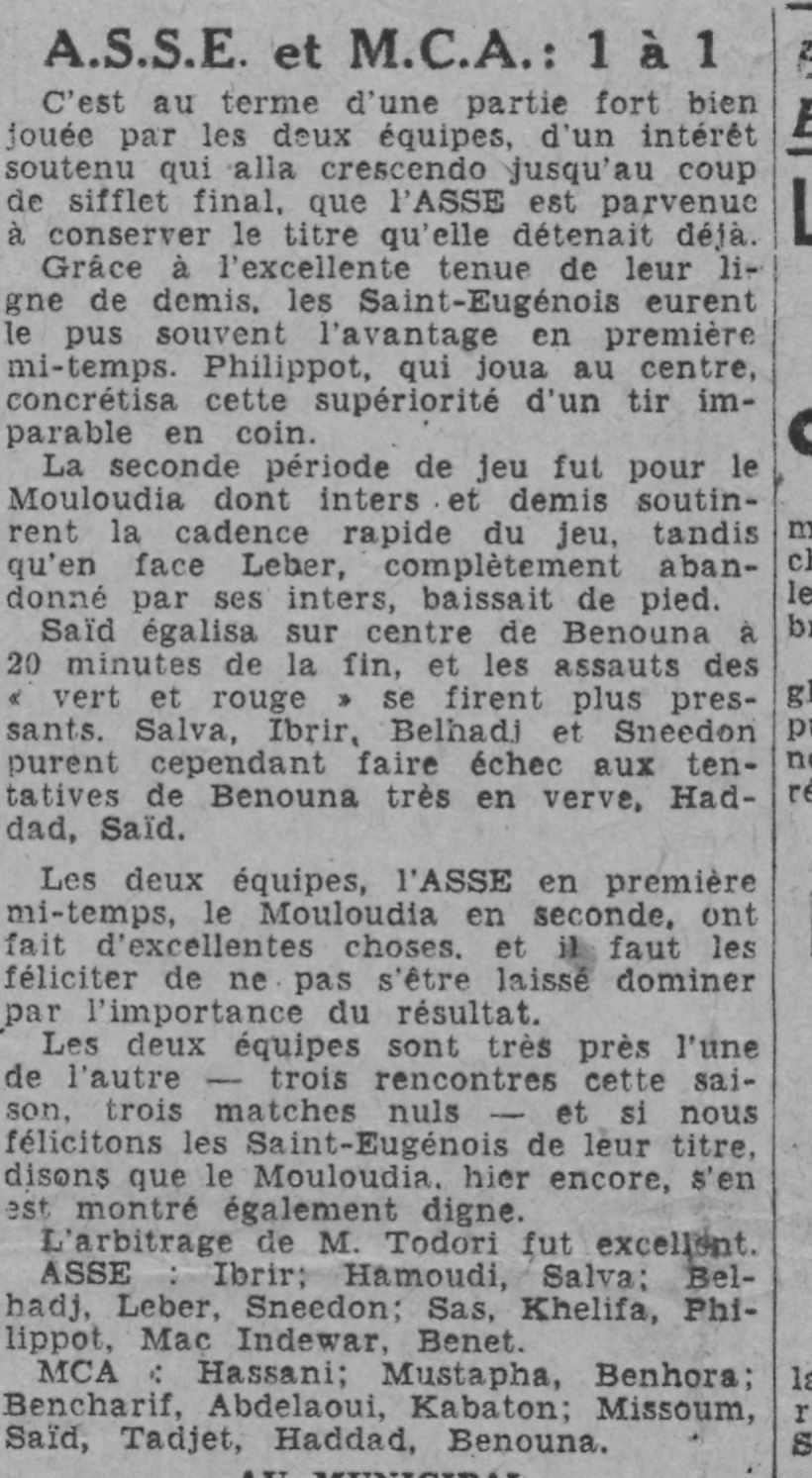 Dim 30.4.1944 à St Eugéne ASSE-MCA 1-1 Mouloudia Vice Champion