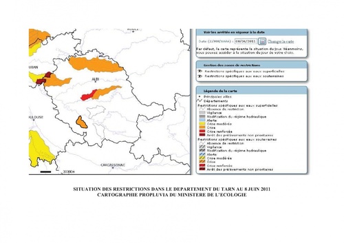 Carte restriction d'eau Tarn 7 juin 2011