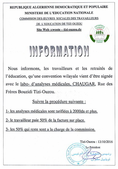 Convention analyses médicales  Cwos TO / Chougar à TO