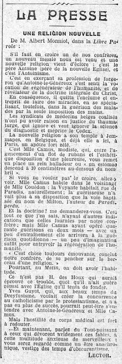 Une religion nouvelle, L'Antoinisme (La Libre Parole, dir. Edouard Drumont, 26 février 1912)