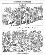 Un Dîner en famille caricature de Caran d'Ache dessinateur hostile à Dreyfus Le Figaro 14 février 1898