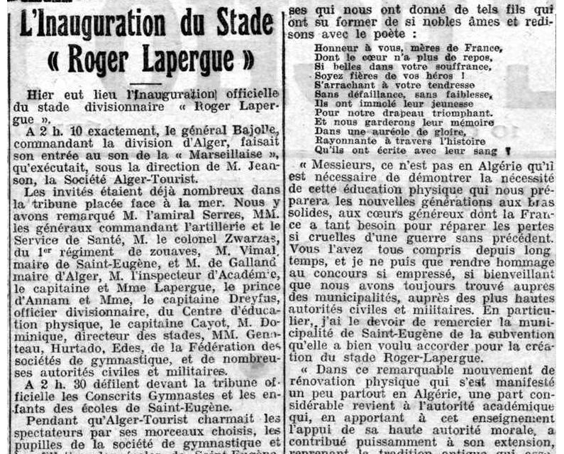 Dimanche 19 janvier 1919 inauguration du stade de St Eugène 