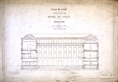 Ville de Lille, service des bâtiments, Hôtel-de-ville, dessin n°VII - coupe suivant C-D (Contour de lH.de.V. Rue du Fresne)(1877)