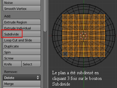 Cliquer le bouton Subdivide 3 fois pour subdiviser le plan