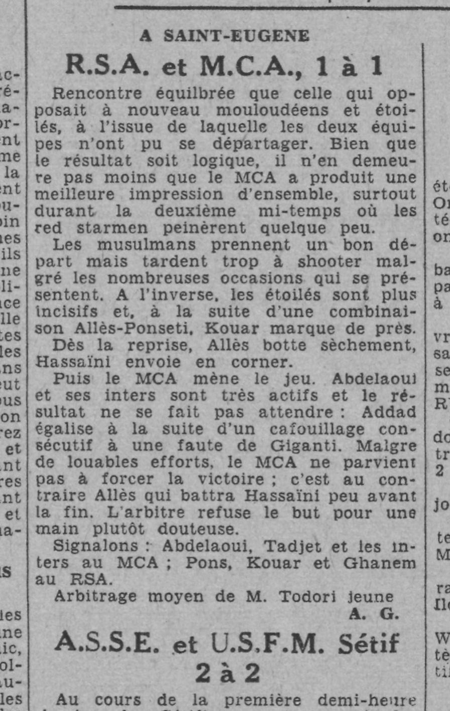 Dim 23.4.1944 à St Eugéne  Amical MCA-RSA 1-1