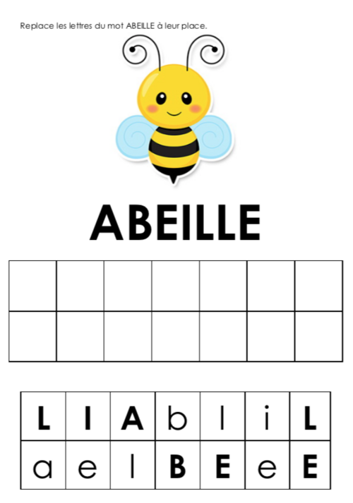 Fiche GS : Les lettres du mot ABEILLE.