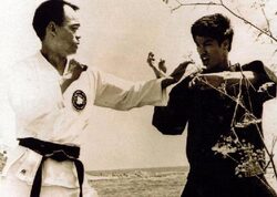 S'entraînant avec Jhoon Rhee (père du taekwondo aux Etat-Unis). 