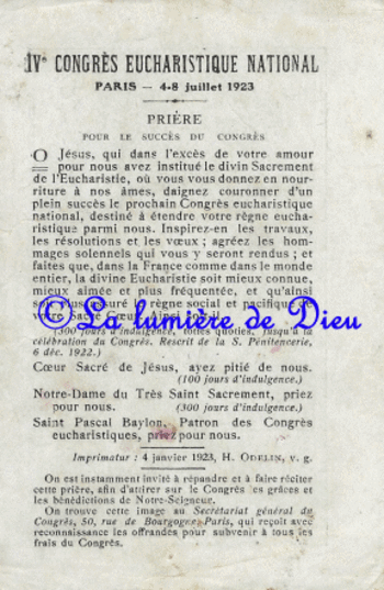 Prière pour le succès du congrès Eucharistique du 4-8 juillet 1923