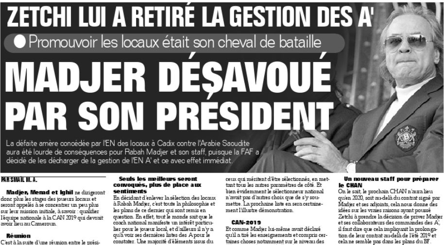 Mai 2018 Madjer n'est plus Entraîneur de l'EN A' (il s'occupera que des A)