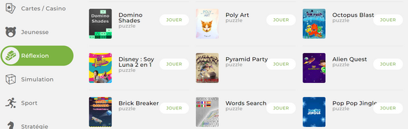 Capture de jeux présents dans la rubrique « Réflexion » 