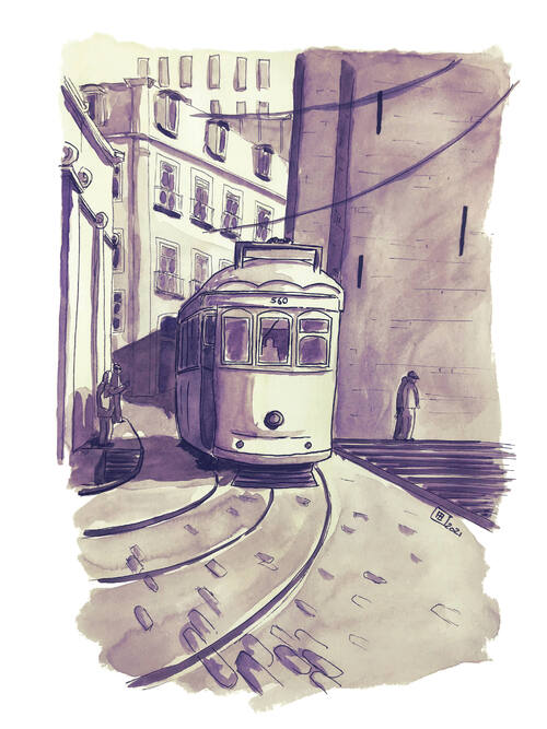 lisbonne, tram, drawing, dessin, watercolor, aquarelle