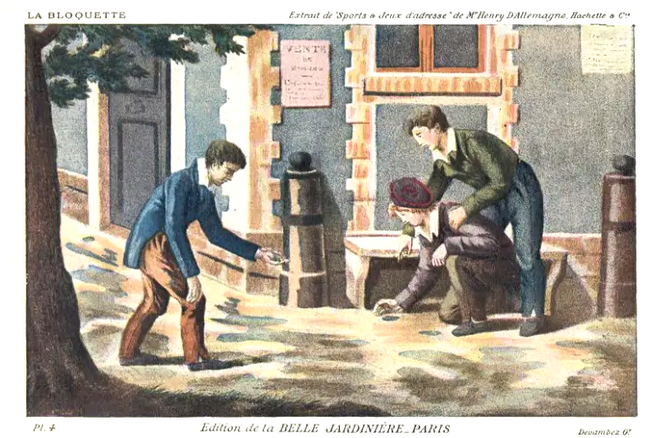 Enfants jouant à la bloquette (dessin extrait du livre Sports & jeux d’adresse d’Henry d’Allemagne, publié chez Hachette & Cie, vers 1900). 