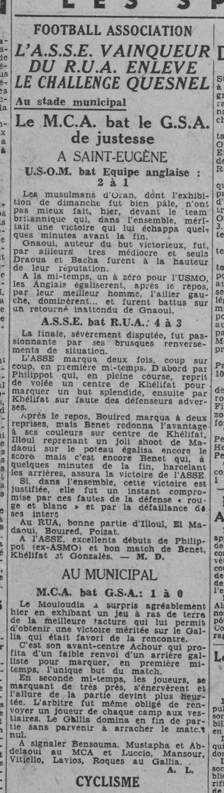 Dimanche 1.11.1943 au Municipal Tournoi de la Toussaint Finale GSA-MCA 0-1