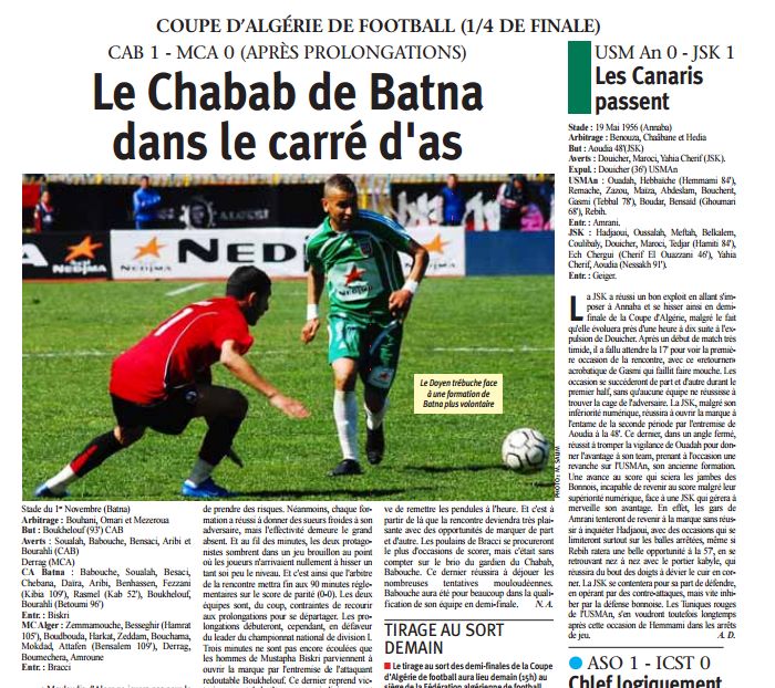 Vendredi 9.4.2010 Batna (OPOW) 1/4 coupe CAB-MCA 1-0 (Après prolongations)