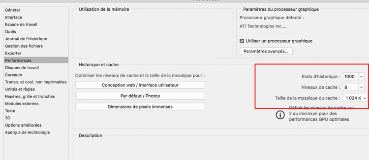 Photoshop: préférences et panneaux de droite
