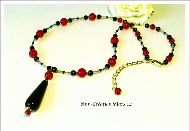 Collier Pendentif Corail Rouge & Onyx Noire/ Plaqué Or 14 Kt Gold Filled 