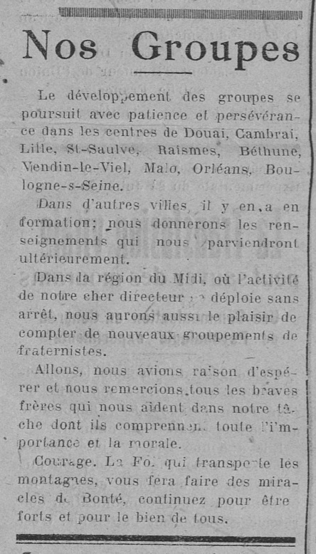 Nos Groupes Fraternistes (Le Fraterniste, 1er décembre 1923)