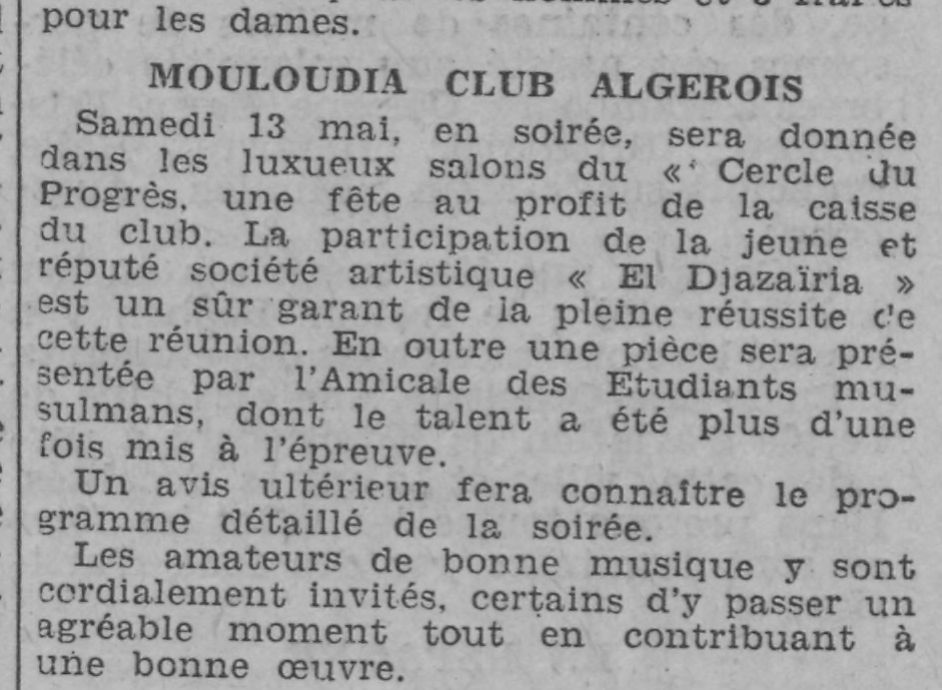 Samedi 13.5.1933 El Djzairia anime la soirée du Mouloudia