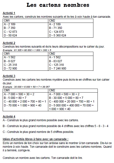 Cartons nombres : fiche activités 