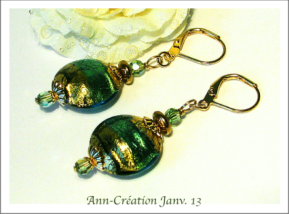 Boucles Dormeuses Verre de Murano Authentique Vert d'Eau & Feuille d'Or 24 Kt / Plaqué Or 